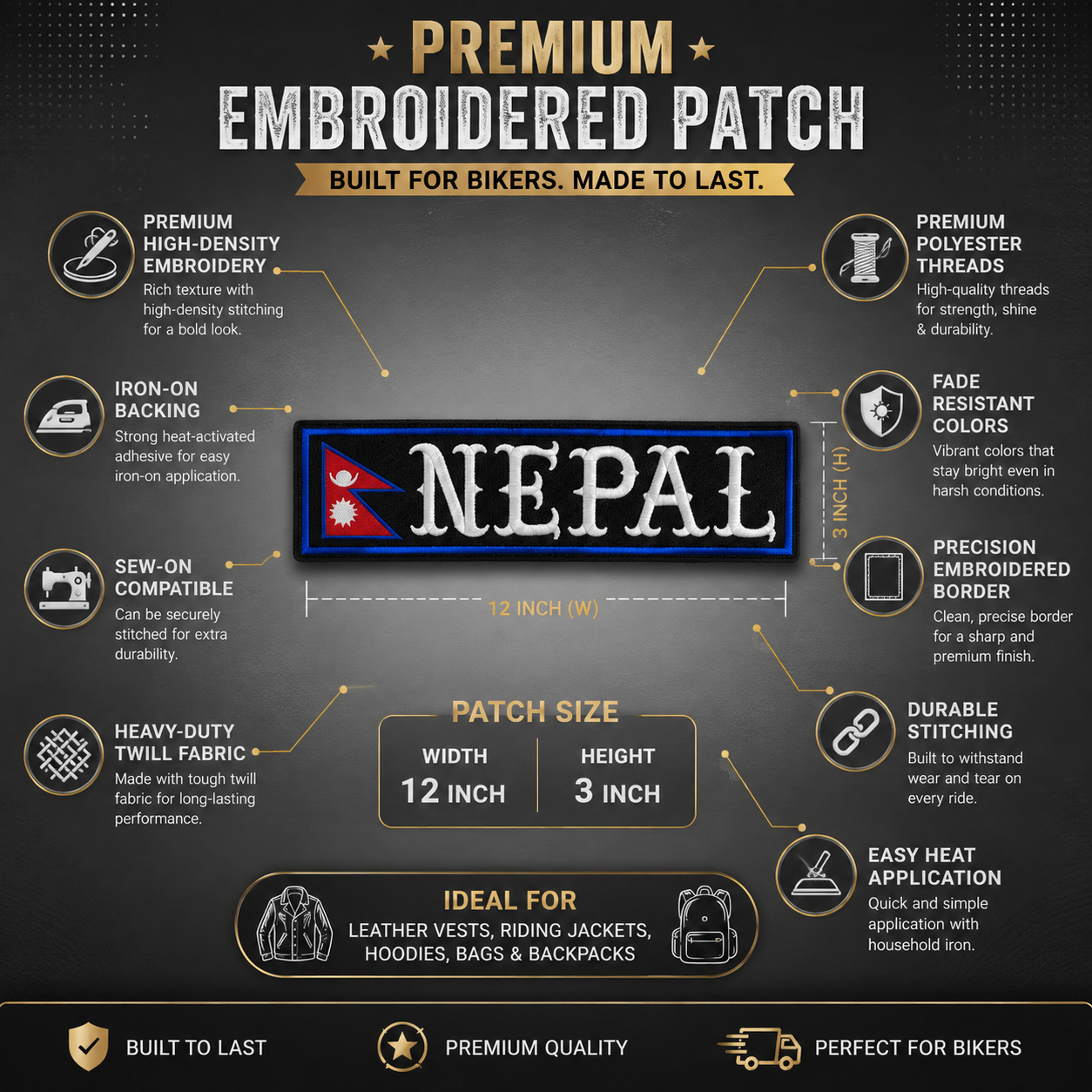 Nepal Flag Back Embroidered Patch 3 × 12 Inch – Iron On / Sew On