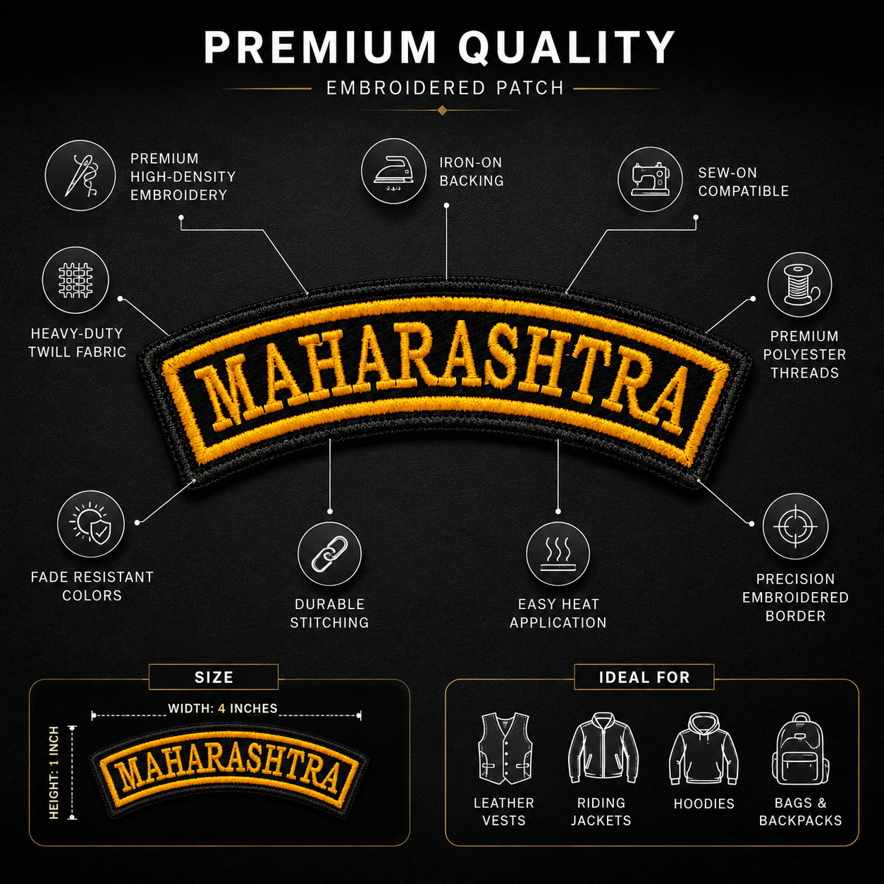 Maharashtra State Front Embroidered Patch 1 × 4 Inches – Iron On / Sew On
