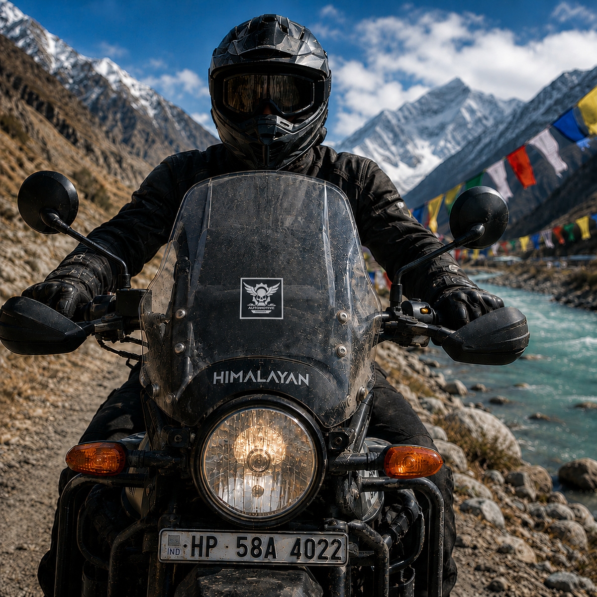 Automotive Skull Sticker centered on Royal Enfield Himalayan motorcycle windshield with rider in a scenic Himalayan mountain setting