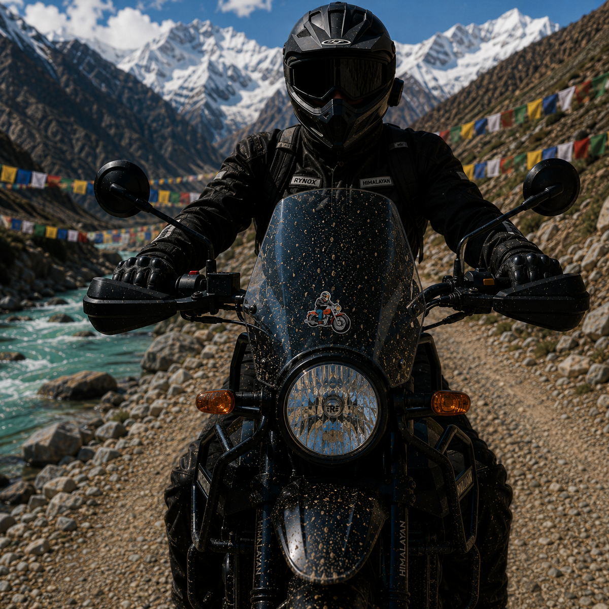 Bullet Rider Sticker installed on motorcycle windshield during a Himalayan adventure ride with rider and mountain landscape