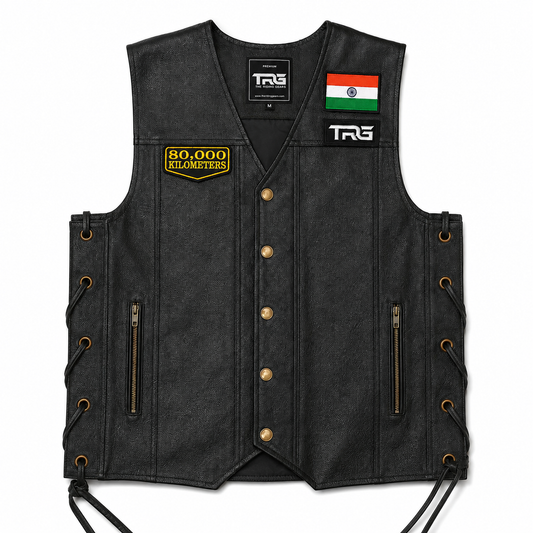 80 Thousand Kilometres embroidered patch displayed on black leather riding vest with Indian flag and TRG patch