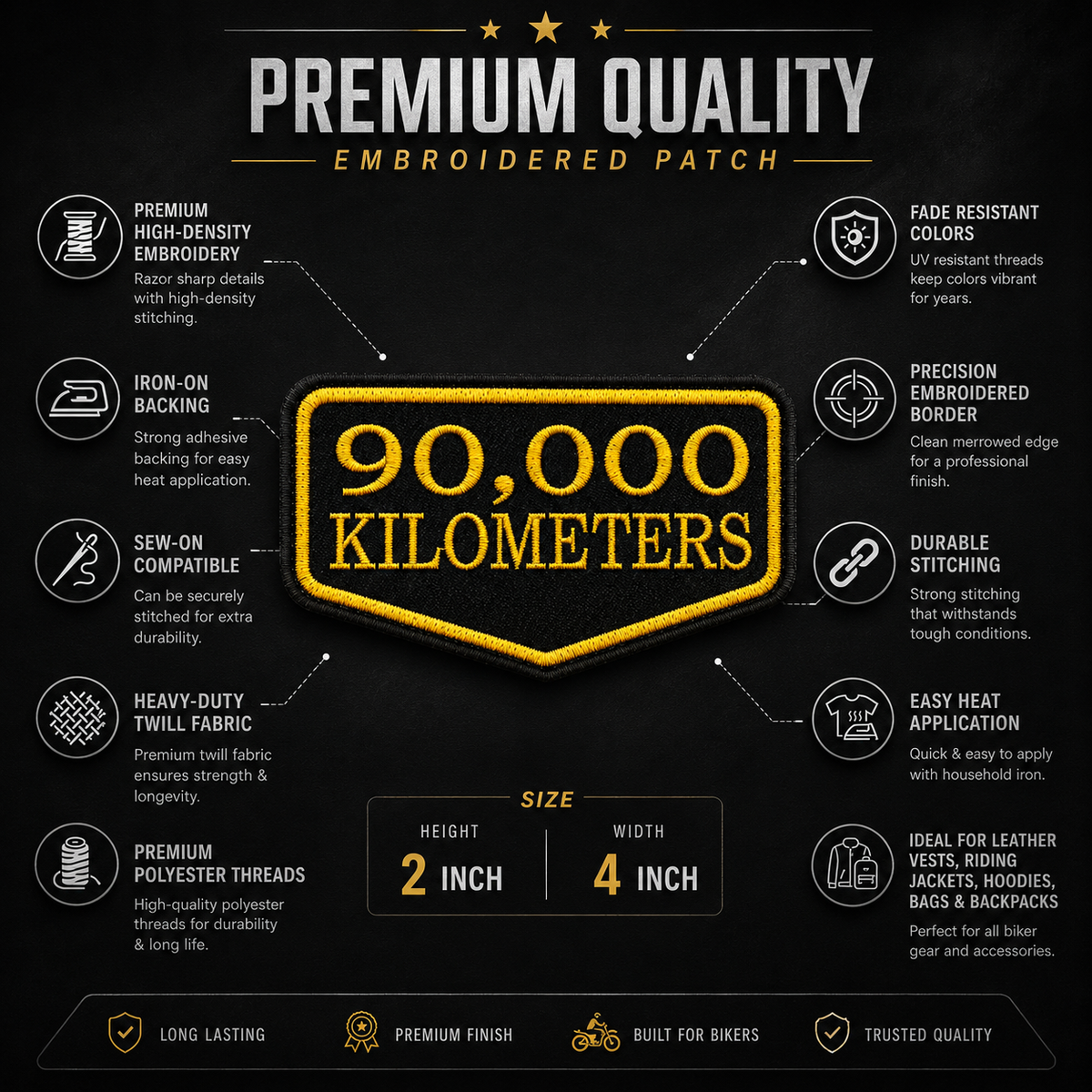 90,000 Kilometres embroidered patch infographic showing high-density embroidery, iron-on backing, sew-on compatibility and premium stitching