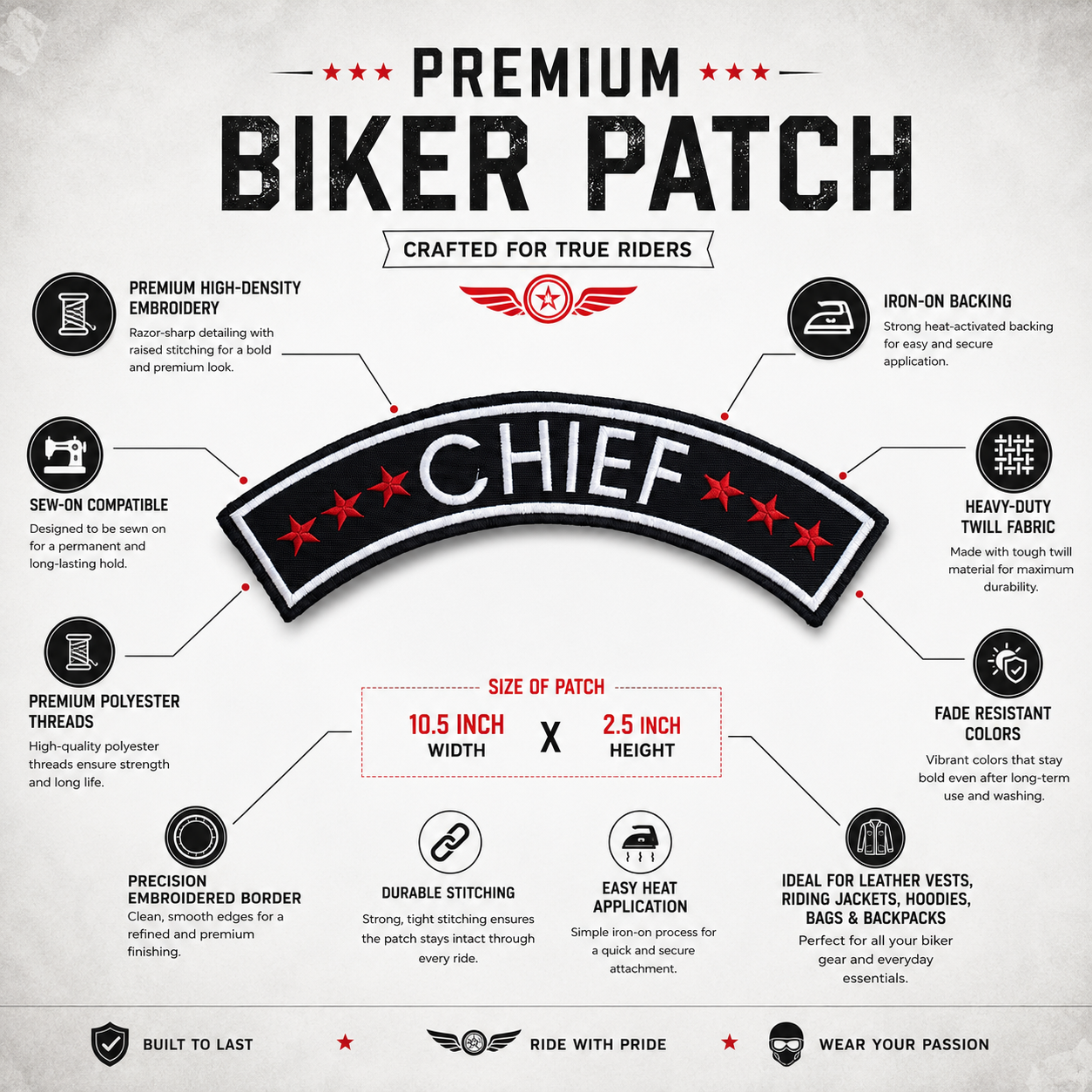 Chief Back Embroidery Patch , 10.5*2.5 inches