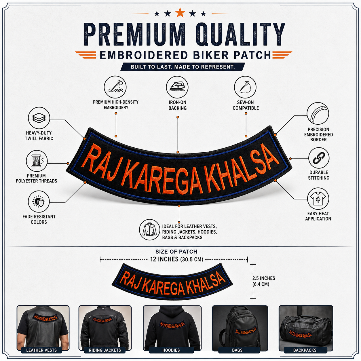 Raj Karega Khalsa Back Embroidered Patch 12 inches