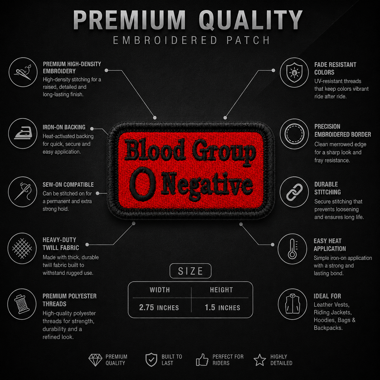 O negative blood group patch embroidered 2.75*1.5 inches