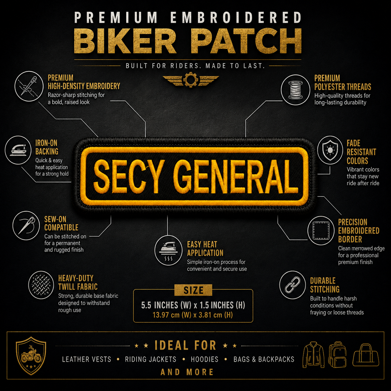 Secy General Front Embroidery Patch, 5.5*1.5 inches
