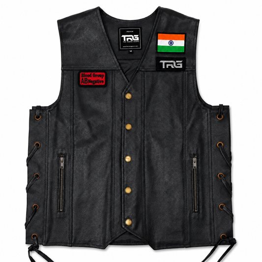 AB Negative Blood Group embroidered patch displayed on black leather biker vest with Indian flag and TRG patch