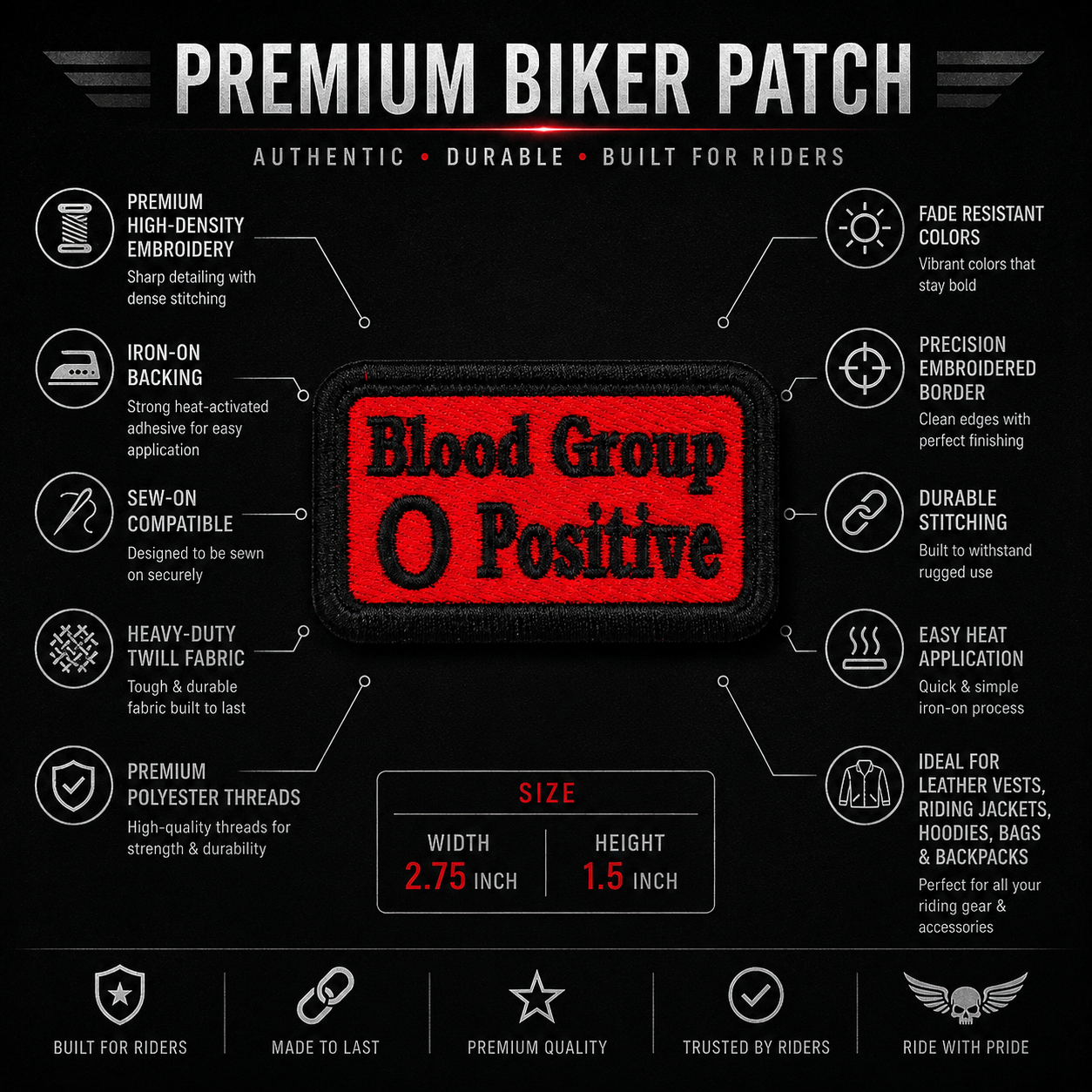 O Positive Blood Group Iron-On / Sew-On Embroidered Patch – 1.5 × 2.75 Inches
