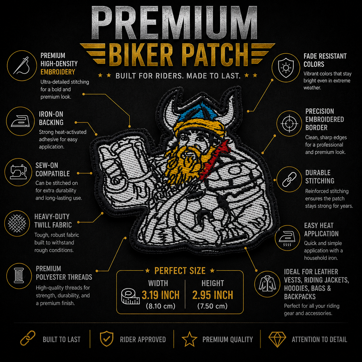 Drinker Premium Embroidered Biker Patch | Iron-On & Sew-On | 2.9 × 3.1 Inches