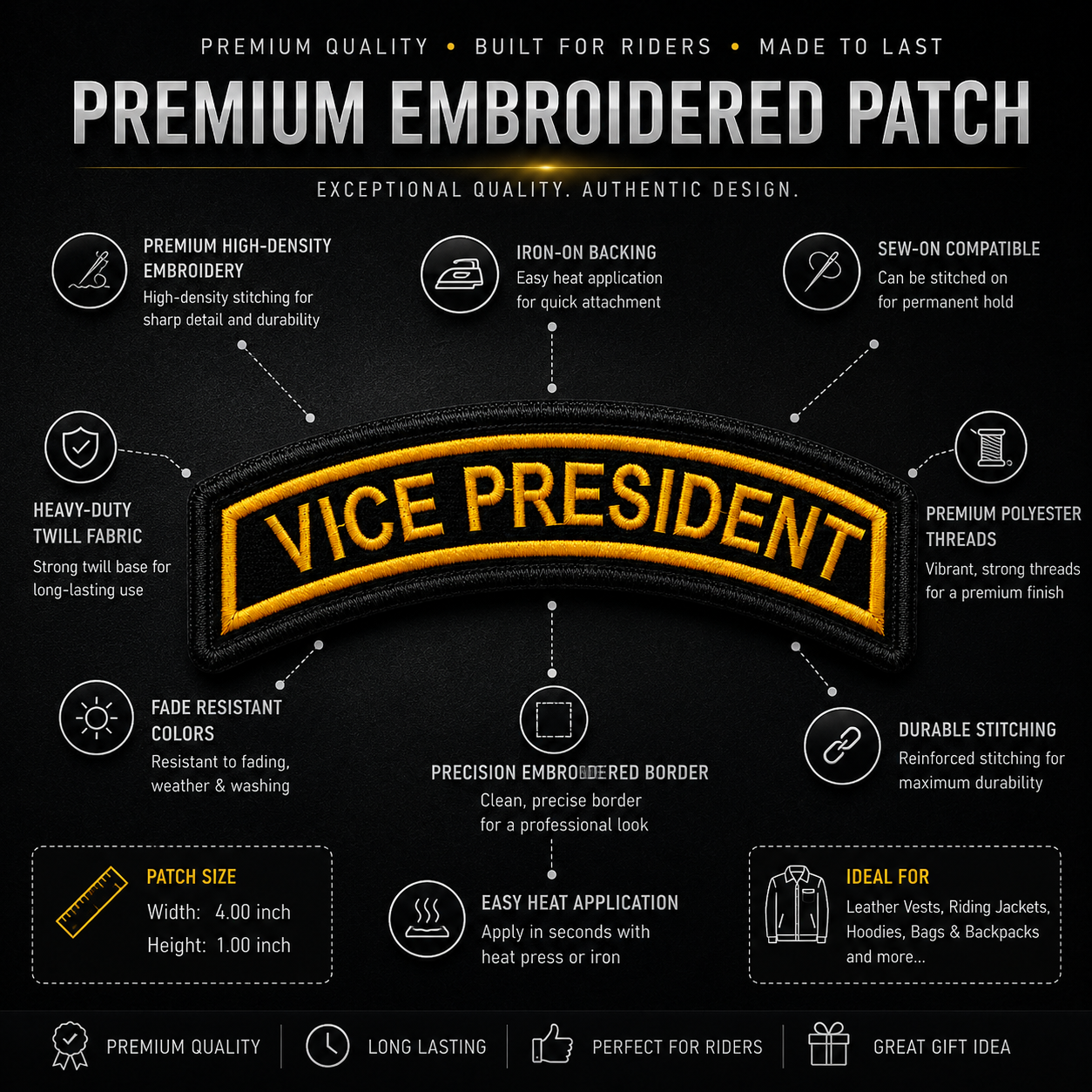 Vice President Front Designation Embroidered Patch 4 × 1 Inches – Iron On / Sew On
