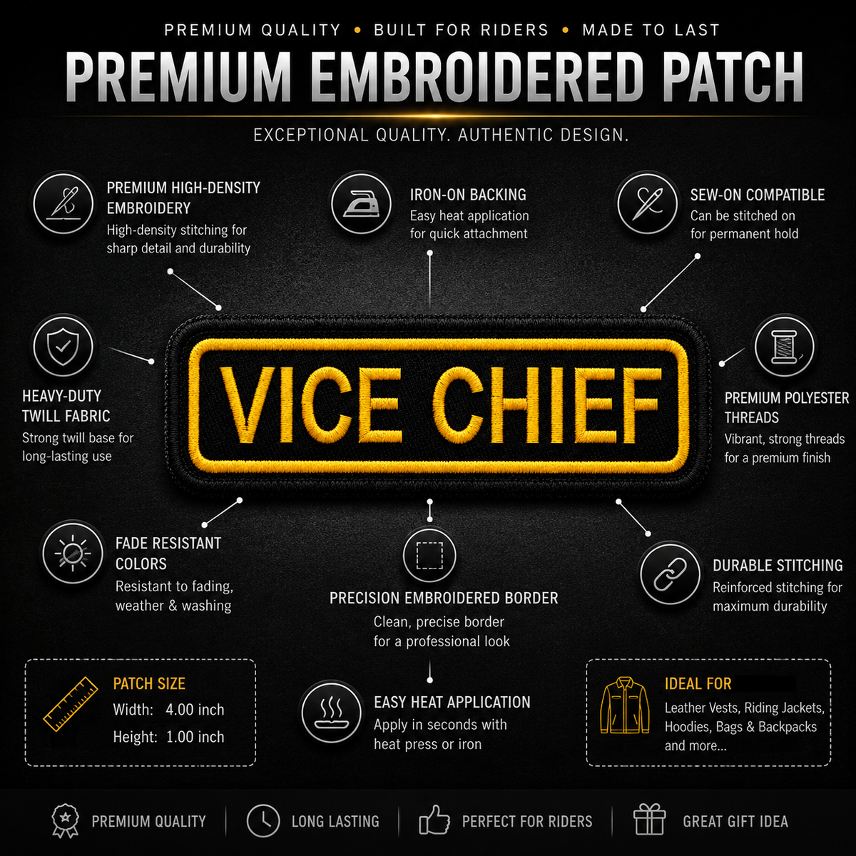 Vice Chief Front Designation Embroidered Patch 4 × 1 Inches – Iron On / Sew On