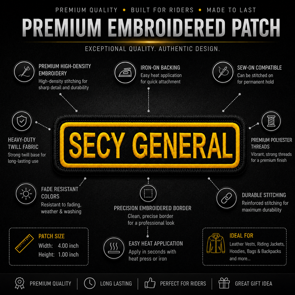 Secy General Front Designation Embroidered Patch 4 × 1 Inches – Iron On / Sew On
