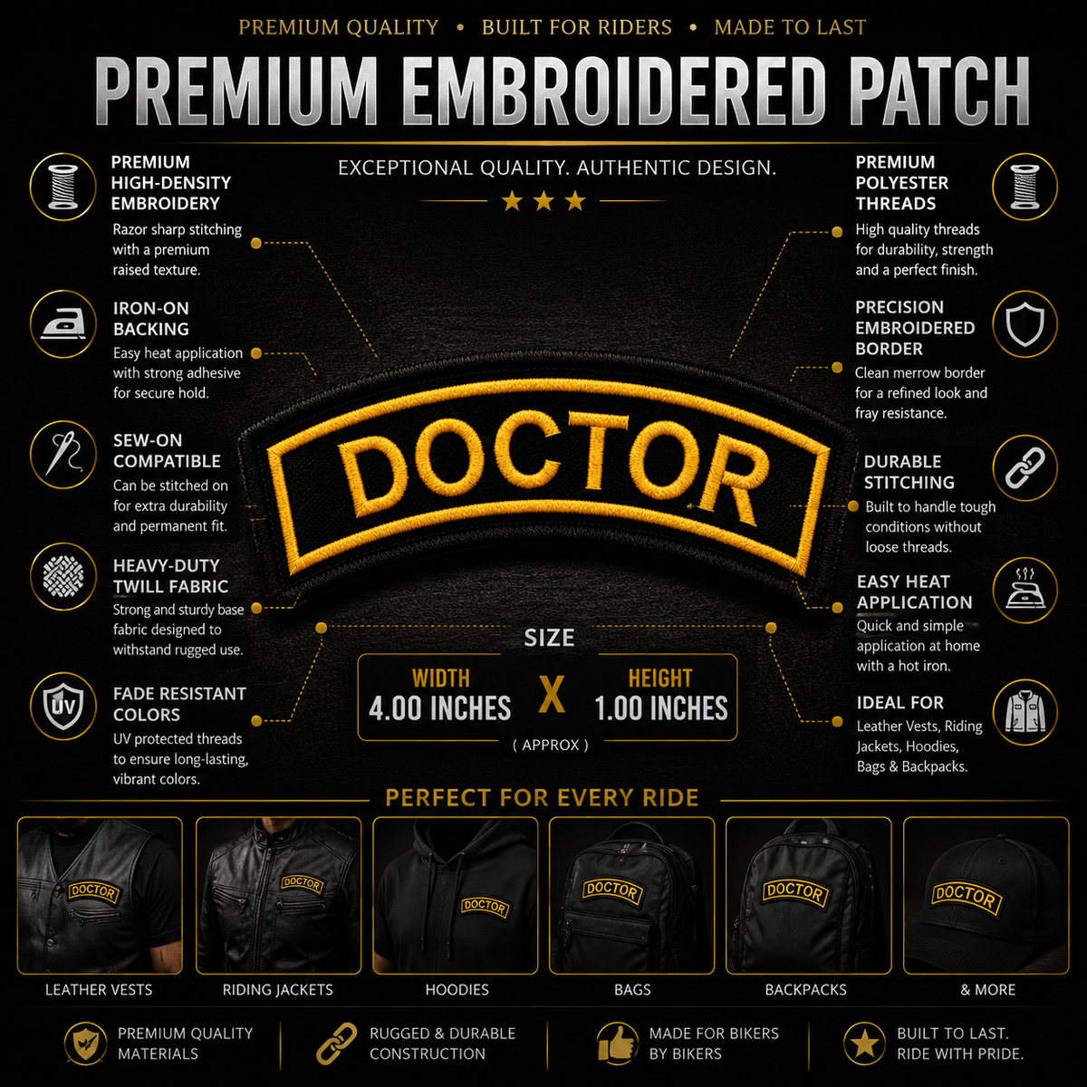 Doctor Front Designation Embroidered Patch 4 × 1 Inches – Iron On / Sew On