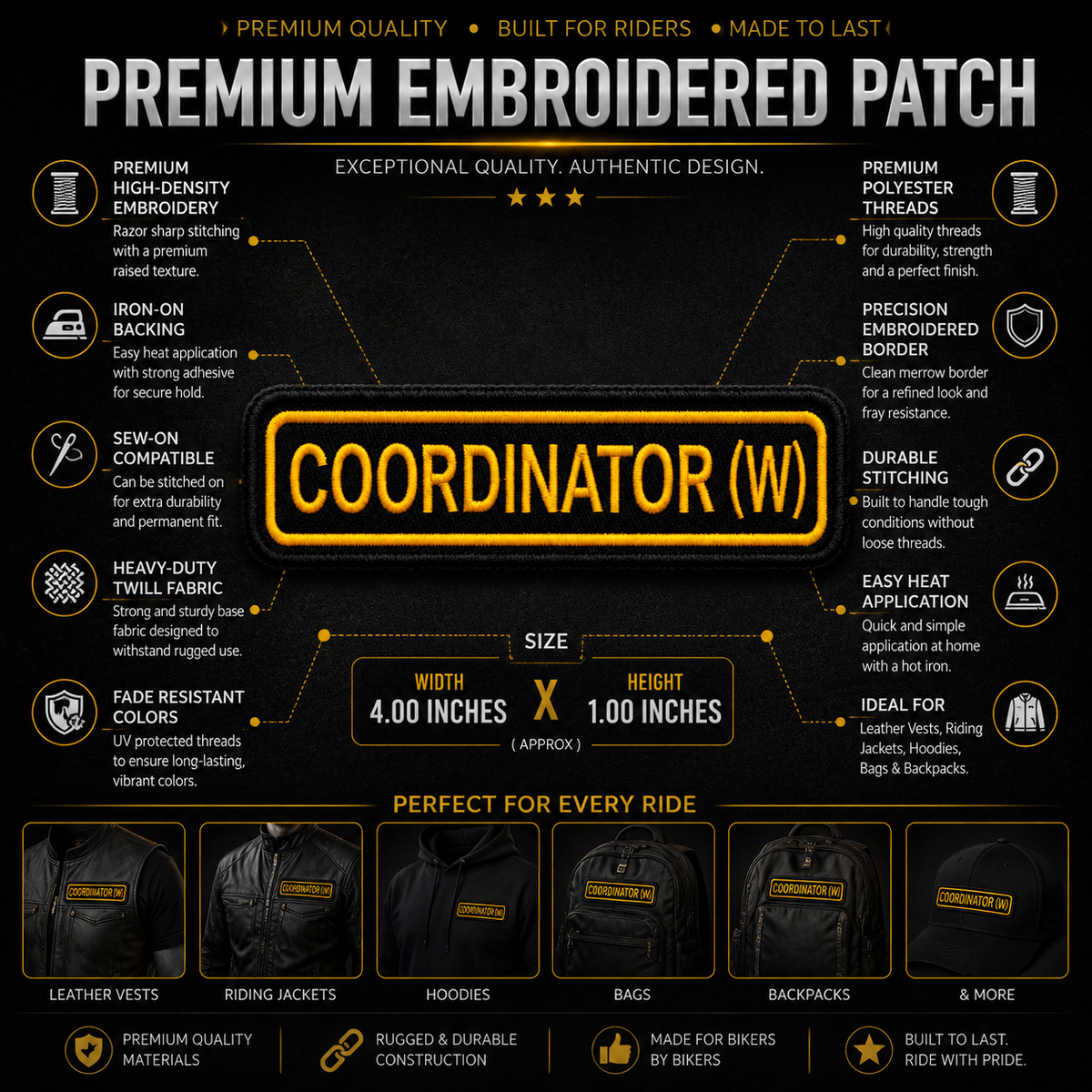 Coordinator (W) Front Designation Embroidered Patch 4 × 1 Inches – Iron On / Sew On