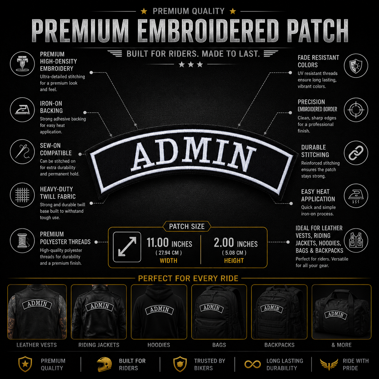 Admin Back Designation Premium Embroidered Patch | Iron-On & Sew-On | 2 × 11 Inches