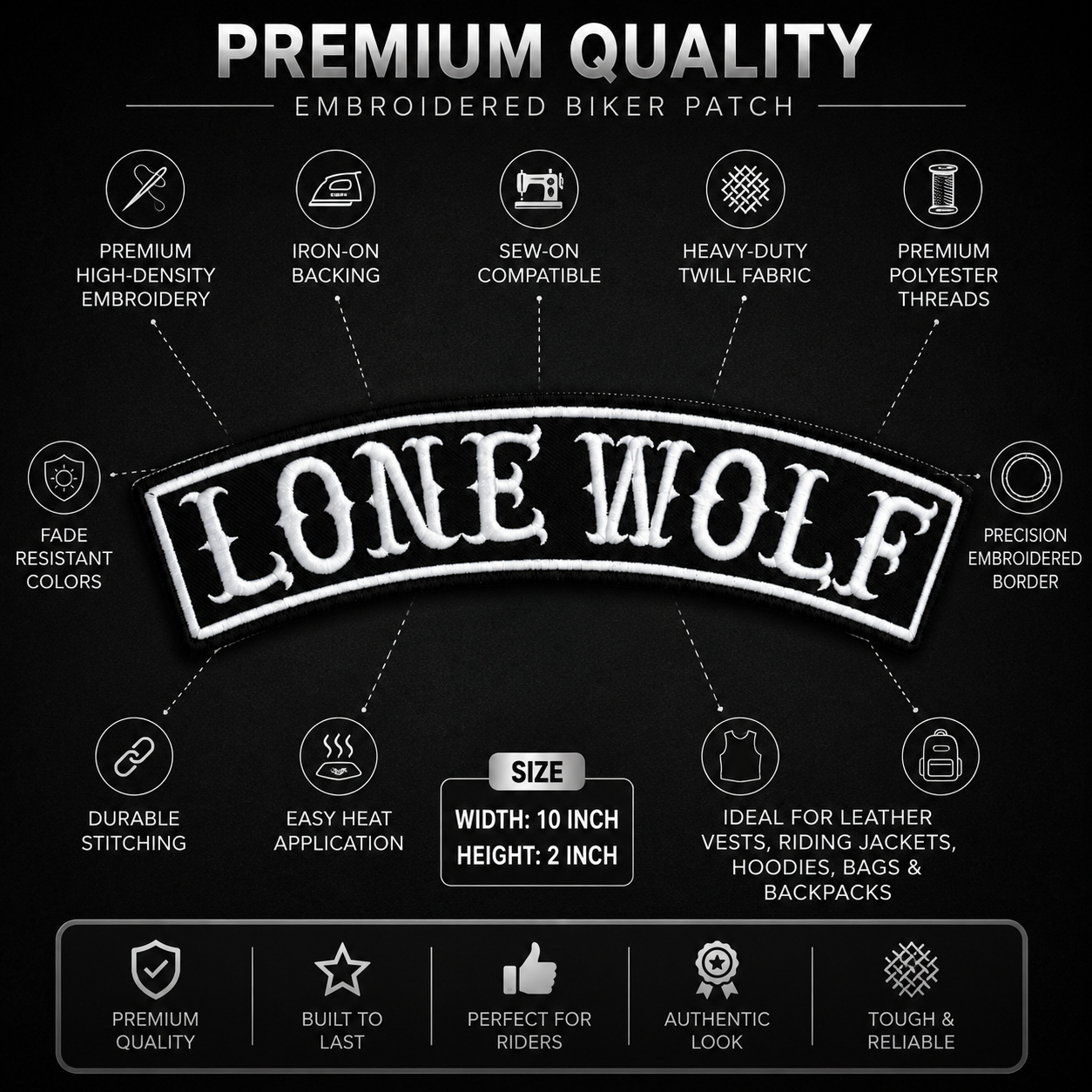 Lone Wolf Back Designation Premium Embroidered Patch | Iron-On & Sew-On | 2 × 10 Inches
