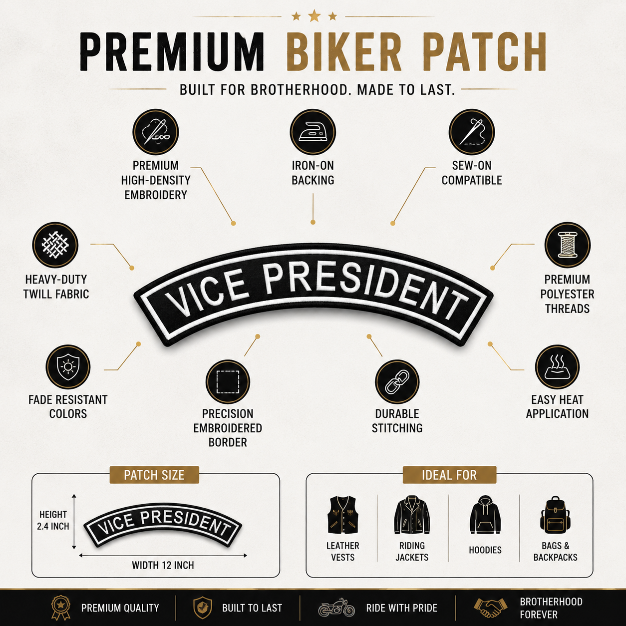 Vice President Back Designation Premium Embroidered Patch | Iron-On & Sew-On | 2.4 × 12 Inches