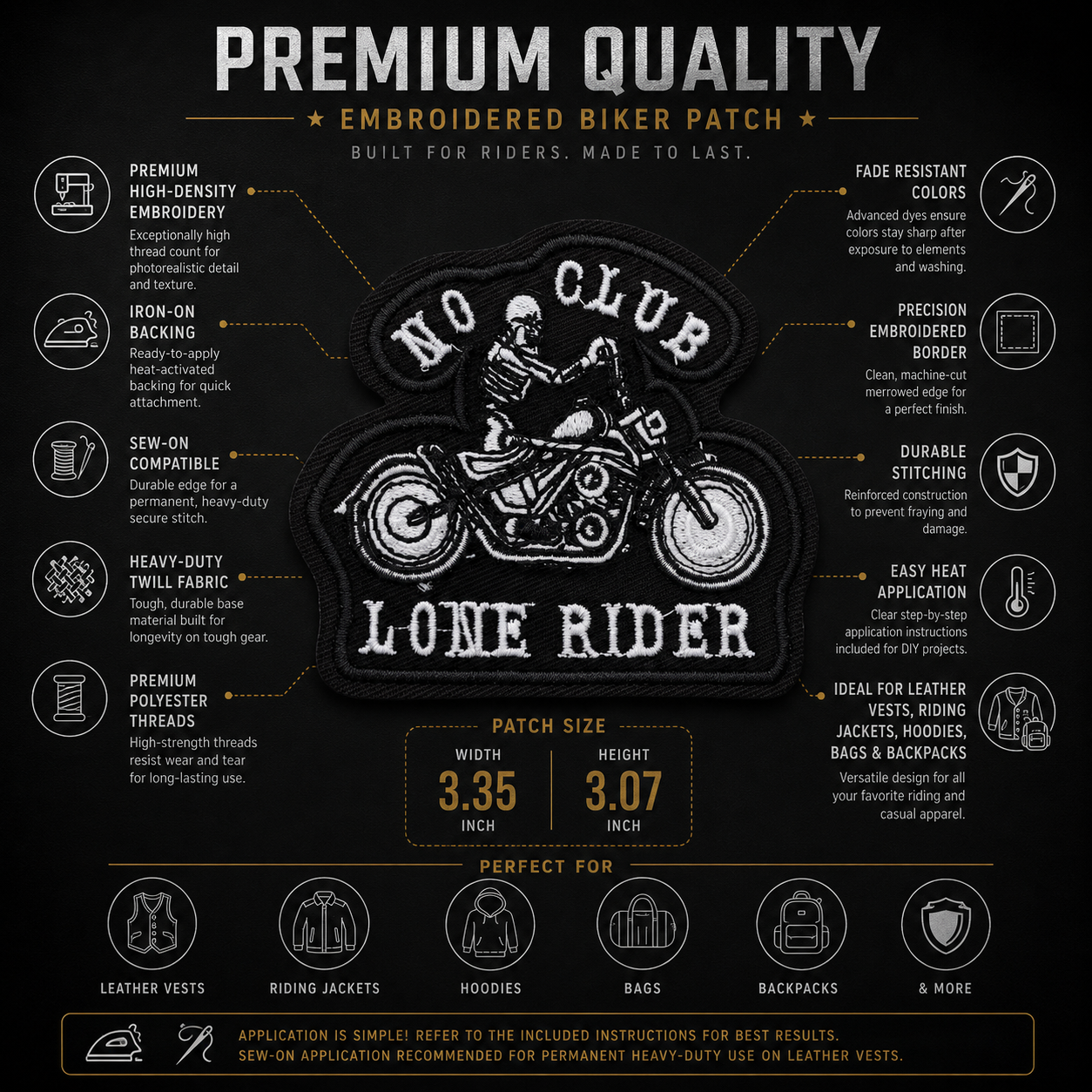 No Club Lone Rider Premium Embroidered Biker Patch | Iron-On & Sew-On | 3.07 × 3.35 Inches