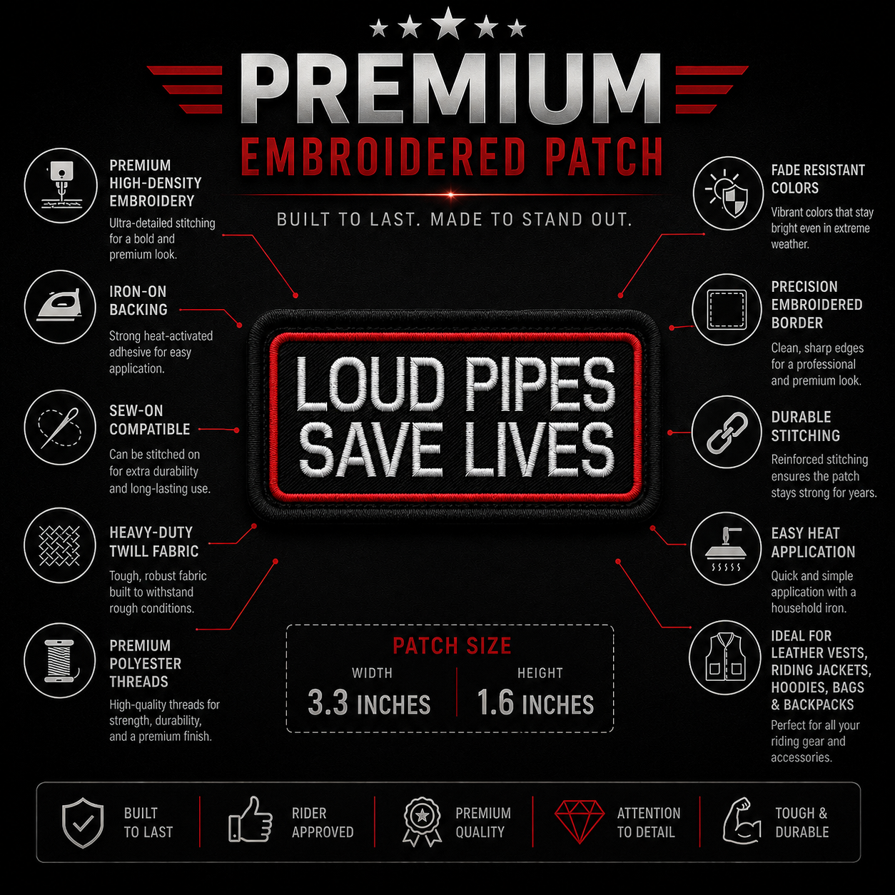 Loud Pipes Save Lives Premium Embroidered Biker Patch | Iron-On & Sew-On | 1.6 × 3.3 Inches