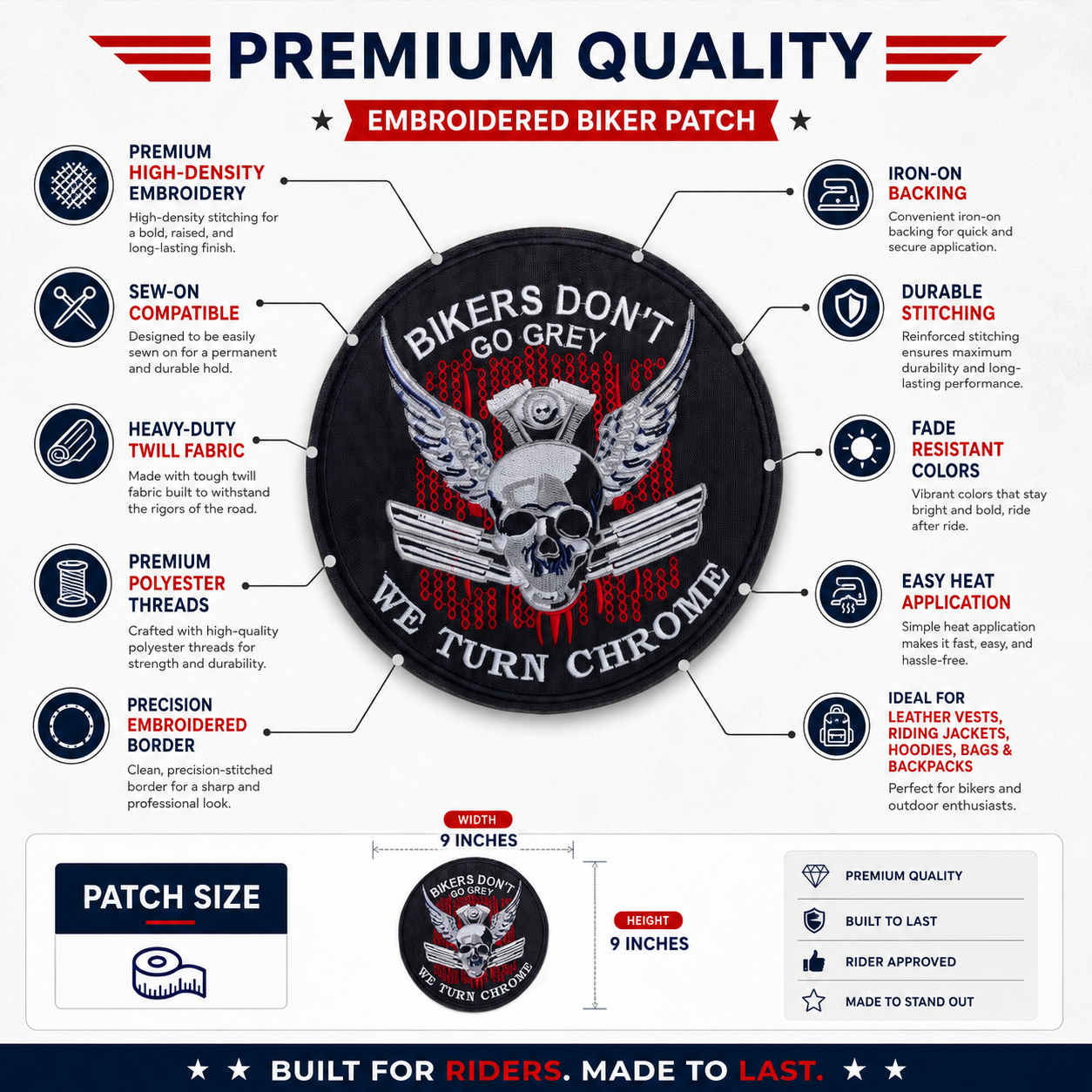 Bikers Don't Go Grey Back Premium Embroidered Patch | Iron-On & Sew-On | 9 × 9 Inches