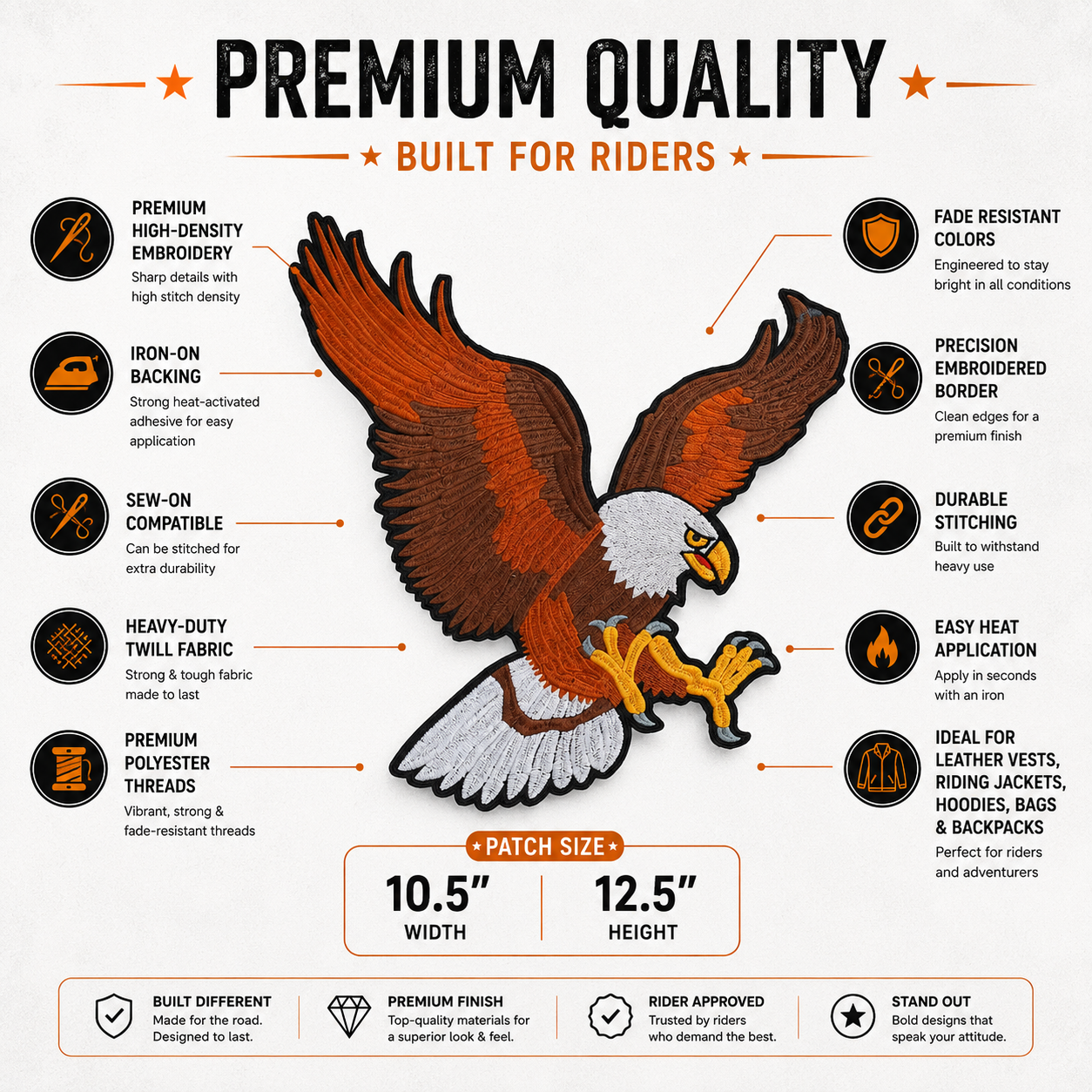 Eagle Back Premium Embroidered Biker Patch | Iron-On & Sew-On | 12.5 × 10.5 Inches