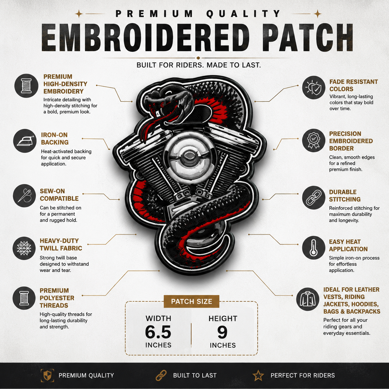 Snake Logo 2 Premium Embroidered Back Patch 9 × 6.5 Inches – Iron On / Sew On