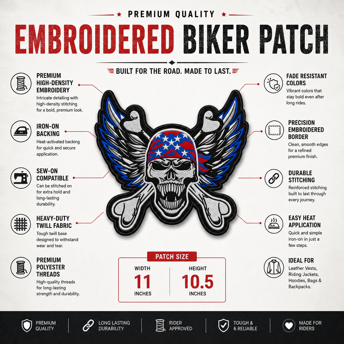Skull With Wings Back Premium Embroidered Patch | Iron-On & Sew-On | 10.5 × 11 Inches