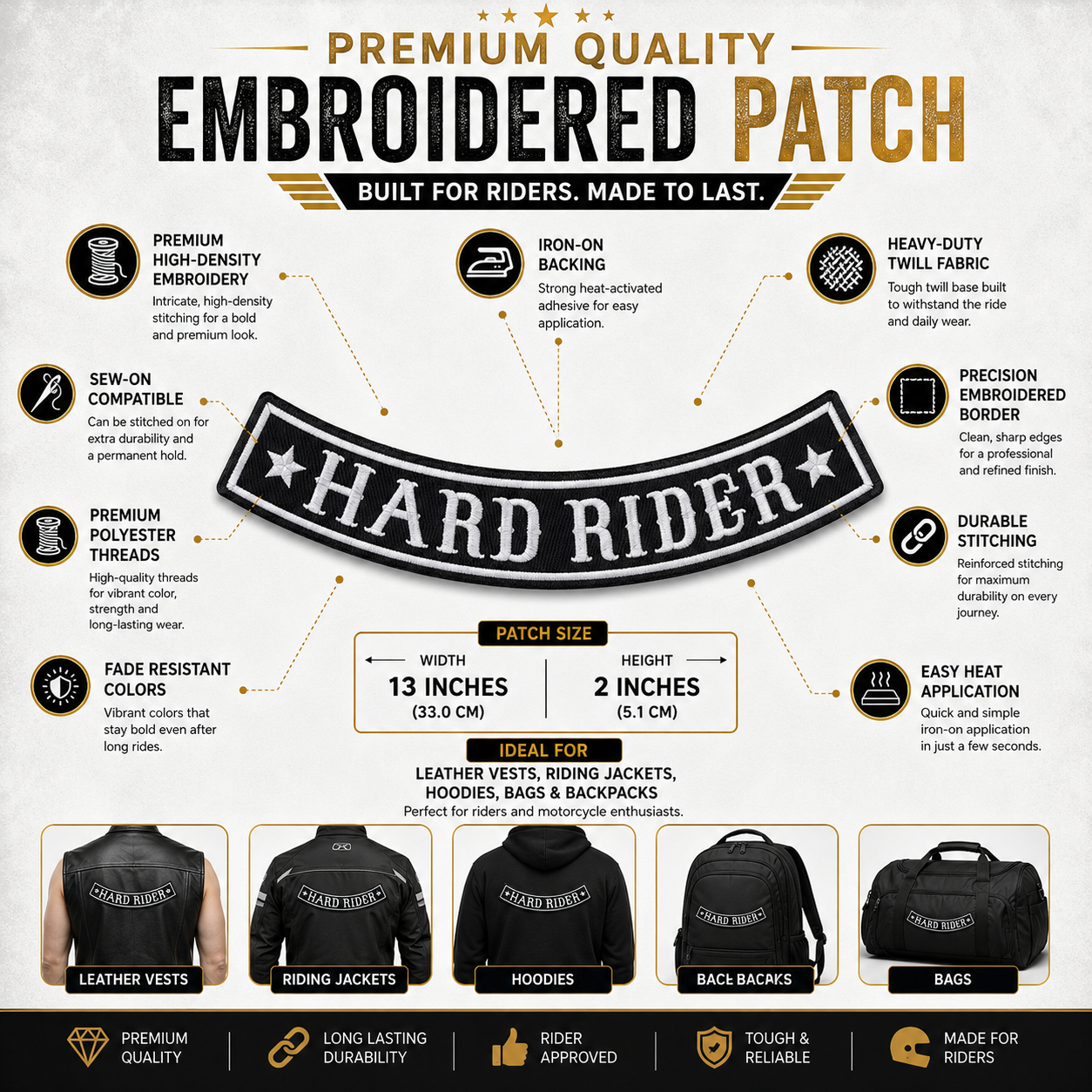 Hard Rider Back Premium Embroidered Patch | Iron-On & Sew-On | 2 × 13 Inches