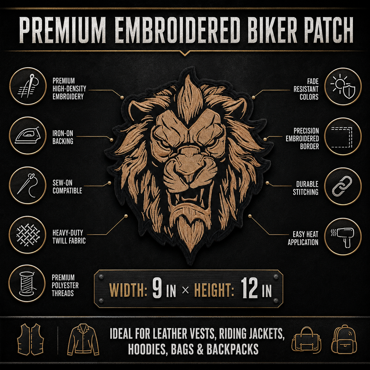 Lion Sand Back Premium Embroidered Patch | Iron-On & Sew-On | 12 × 9 Inches