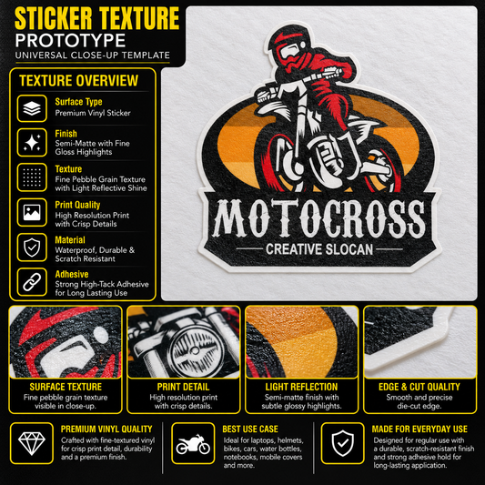 Motocross Creative Slocan premium vinyl sticker texture infographic showing semi-matte finish, crisp print detail and die-cut edge