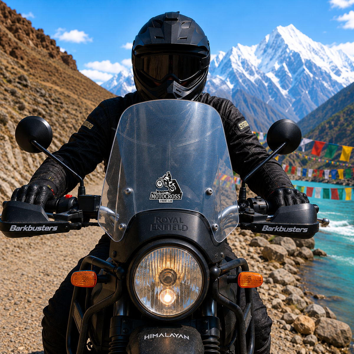 Motocross Xtreme Club dirt bike sticker displayed on Royal Enfield Himalayan motorcycle windshield during a Himalayan ride