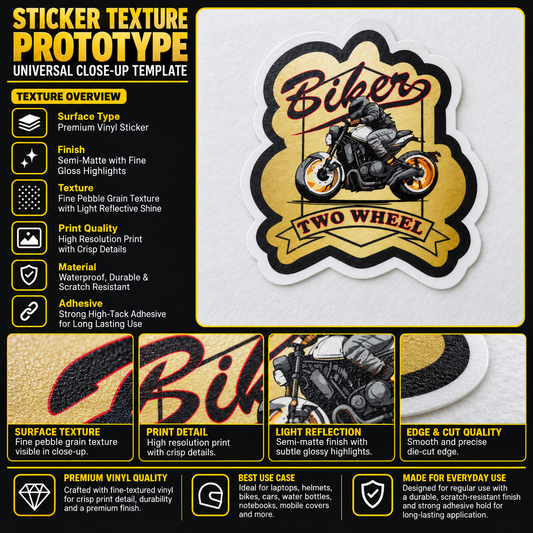 Biker Two Wheel colorful premium vinyl sticker showing fine pebble grain texture, semi-matte finish, crisp print detail and precision die-cut edge