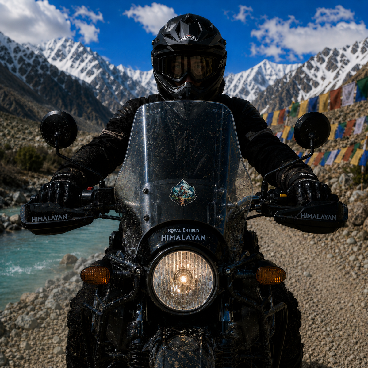 Racing Biker on Hill sticker displayed on motorcycle windshield with rider on scenic Himalayan mountain road
