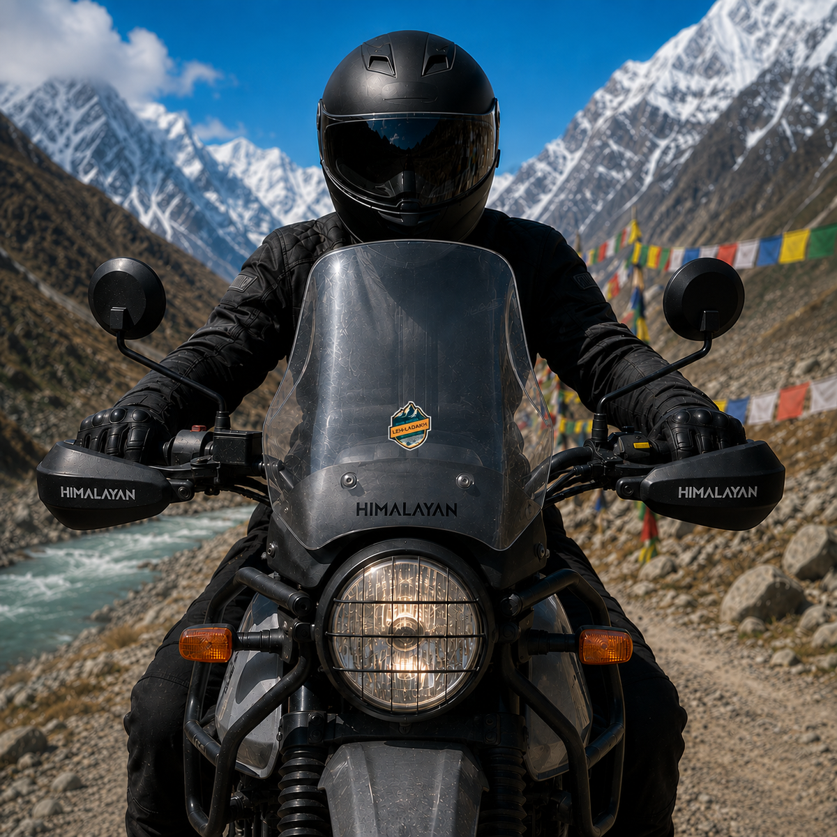 Leh Ladakh adventure sticker centered on Royal Enfield Himalayan motorcycle windshield on a scenic Himalayan mountain road