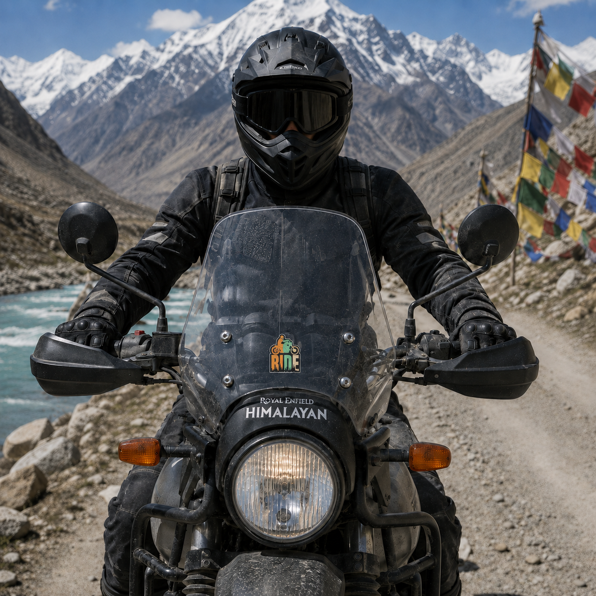 RIDE Motorcycle Sticker displayed on a motorcycle windshield in a Himalayan mountain riding setting