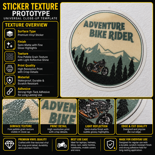 Adventure Bike Rider premium vinyl sticker showing fine pebble grain texture, semi-matte finish, crisp print detail and precision die-cut edge