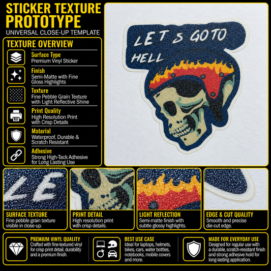 Let’s Go to Hell sticker texture infographic showing premium vinyl, semi-matte finish, fine pebble grain and crisp print quality