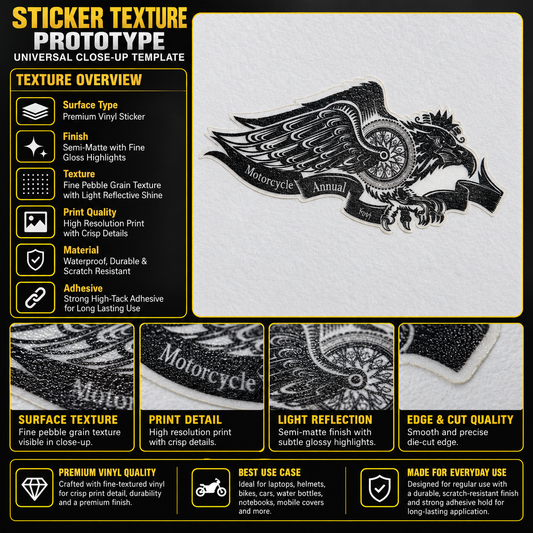Motorcycle Annual Fest premium vinyl sticker texture infographic showing semi-matte finish, crisp print and smooth die-cut edge