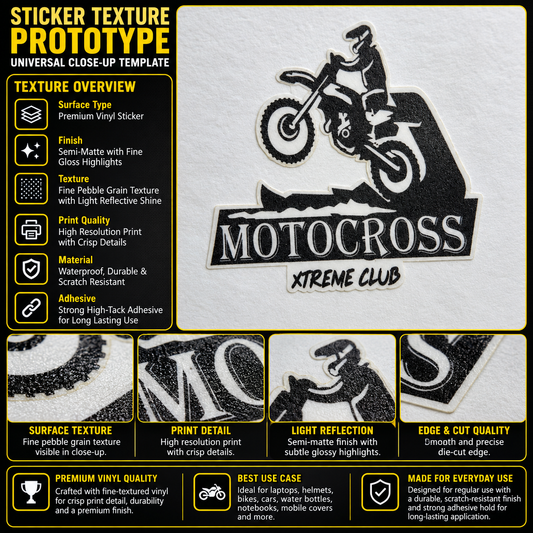 Motocross Xtreme Club premium vinyl sticker texture infographic showing semi-matte finish, crisp print detail and die-cut edge