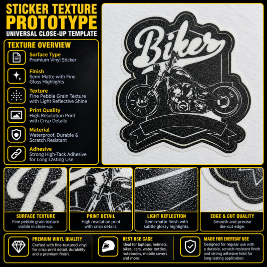 Biker premium vinyl sticker showing fine pebble grain texture, semi-matte finish, crisp black and white print and precision die-cut edge