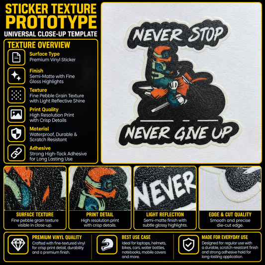 Never Stop Never Give Up premium vinyl biker sticker texture infographic showing semi-matte finish, crisp print detail and die-cut edge quality