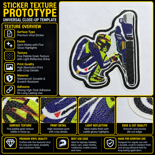 Biker Bike Repair premium vinyl sticker showing fine pebble grain texture, semi-matte finish, crisp colorful print and precision die-cut edge