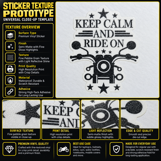 Keep Calm and Ride On sticker texture infographic showing premium vinyl, semi-matte finish, fine pebble grain and crisp print details
