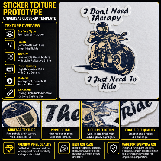 I Don’t Need Therapy I Just Need to Ride premium vinyl biker sticker texture and quality infographic