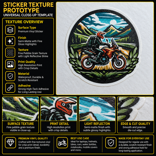 Flowers Circle Biker premium vinyl sticker texture, print quality, semi-matte finish and die-cut edge infographic