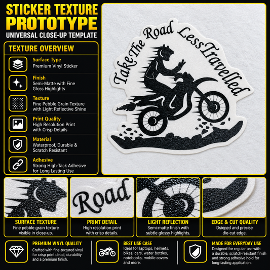 Take The Road Less Travelled motorcycle sticker premium vinyl texture, print quality and die-cut edge detail infographic