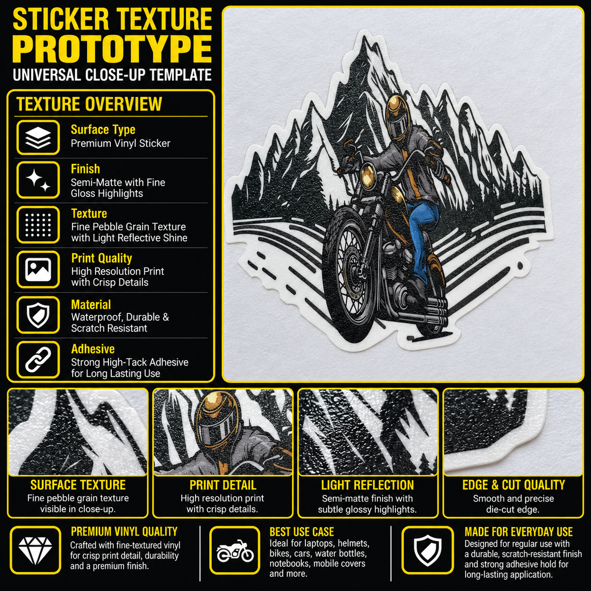 Hill Rider premium vinyl motorcycle sticker texture, print quality and die-cut edge infographic