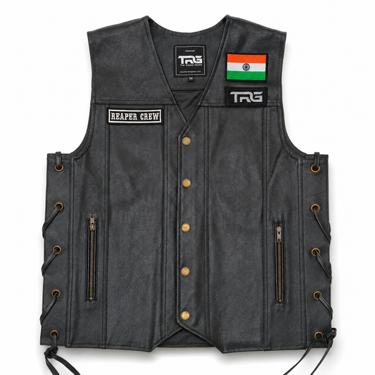 Biker patch Reaper Crew fitted on black leather motorcycle riding vest on white background