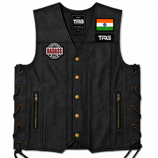 Certified Badass Biker embroidered patch on black leather motorcycle vest