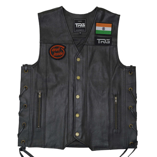 Devil Inside Biker Patch displayed on black leather motorcycle riding vest on white background